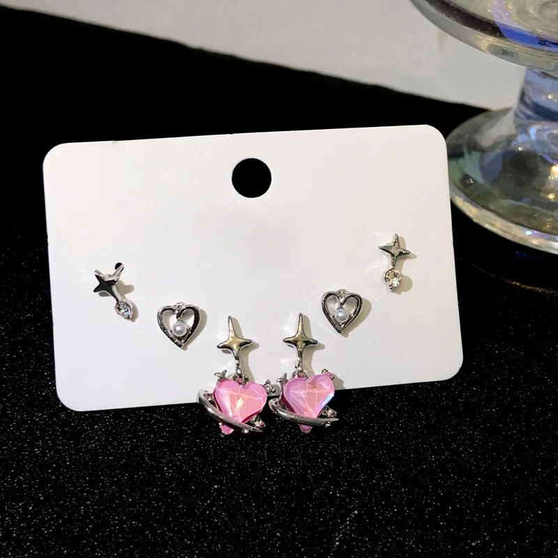 1 комплект сережек-гвоздиков Y2k с цирконом в виде сердца для женщин и девочек, набор сережек-пирсингов в виде розовой звезды, корейские модные украшения, подарки для вечеринок