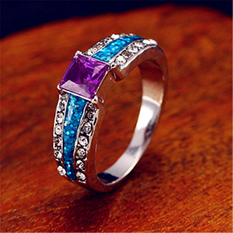 WalerV Кольцо для женщин, набор колец, Модный Шарм, имитация синего Опала, Квадратный камень, фиолетовый кристалл, кольцо с цирконом, ювелирные изделия