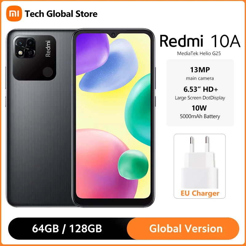 Глобальная версия Xiaomi Redmi 10A 4 ГБ 128 ГБ Смартфон MTK Helio G25 Восьмиядерный 6,53 ”HD + DotDisplay 13-Мегапиксельная Камера 5000 мАч Аккумулятор