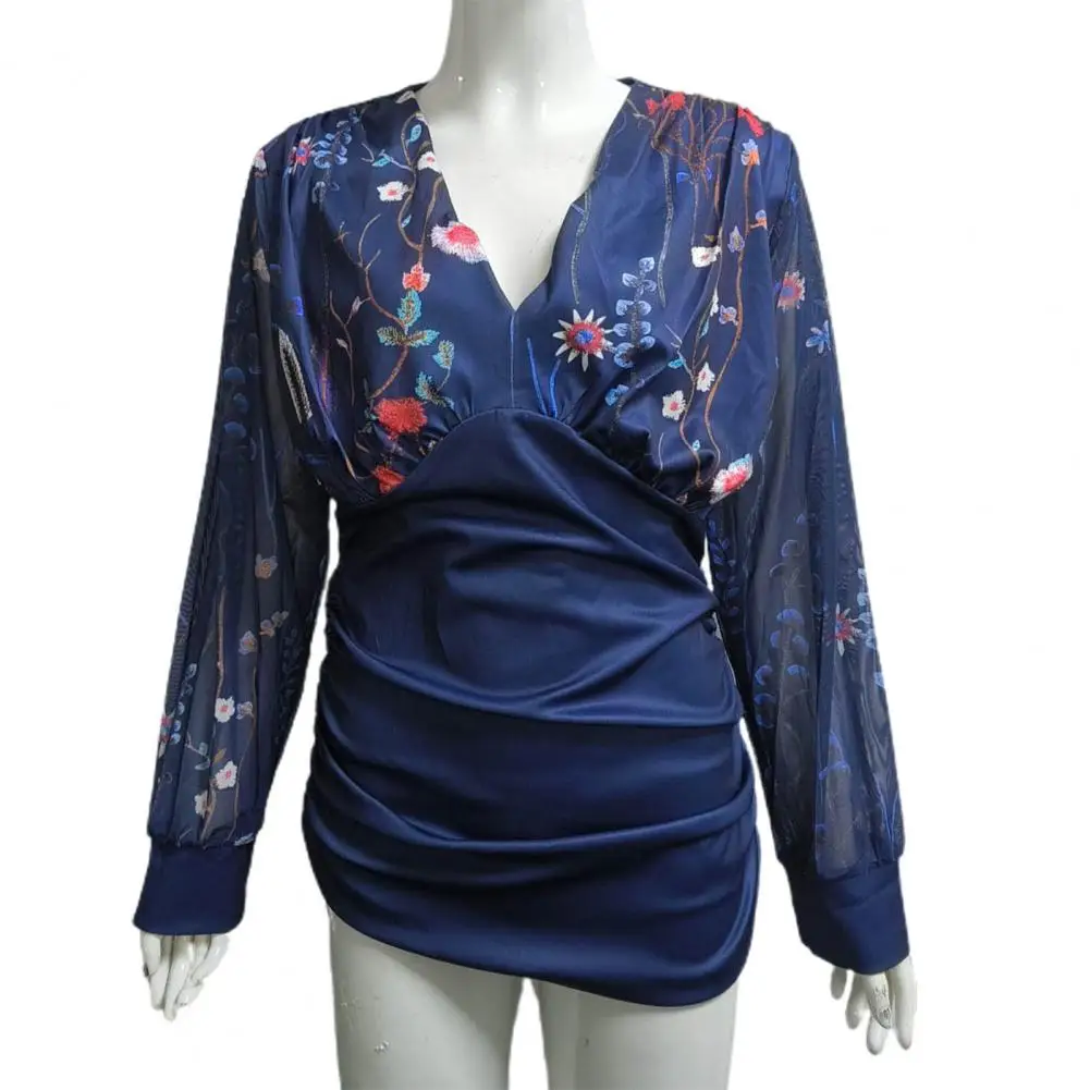 Кружевная лоскутная блузка с длинным рукавом, Кружевная рубашка с вышивкой, Элегантная цветочная кружевная лоскутная блузка Slim Fit С глубоким V-образным вырезом, офисная