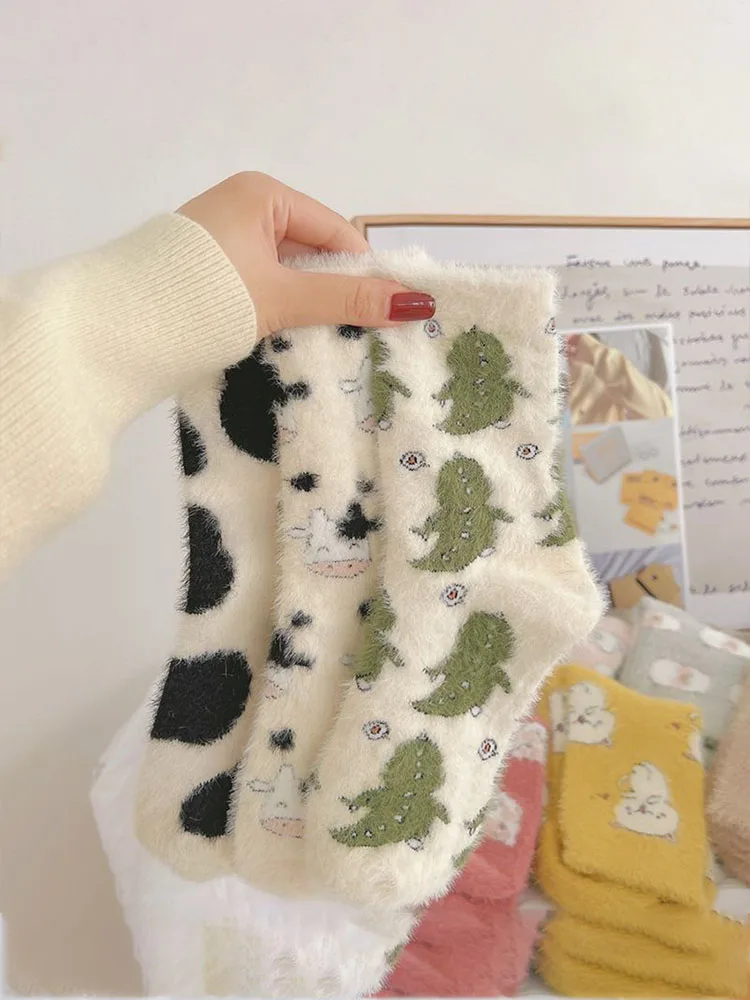 Милые носки из молочной коровы, женские осенние утепленные носки-трубочки из искусственной норки, Мягкие Теплые Зимние носки в корейском стиле для милых девочек