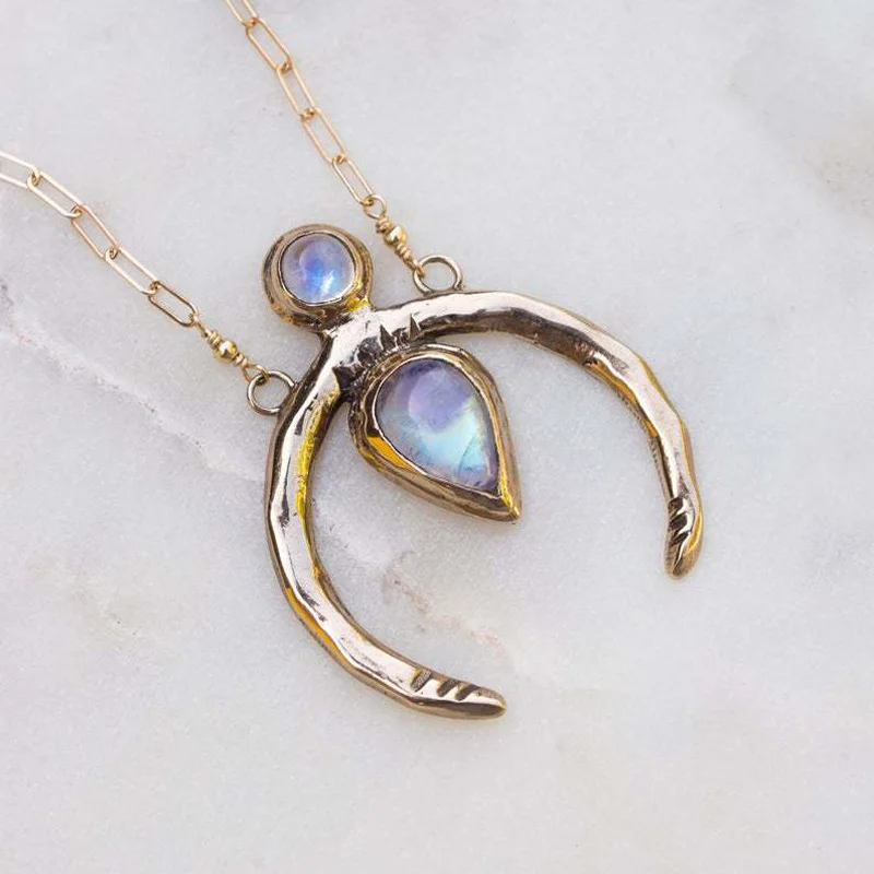 Новое креативное Винтажное ожерелье с полумесяцем холодного цвета для женщин, инкрустированное Лунным камнем, ожерелье с геометрической подвеской, Ювелирный подарок