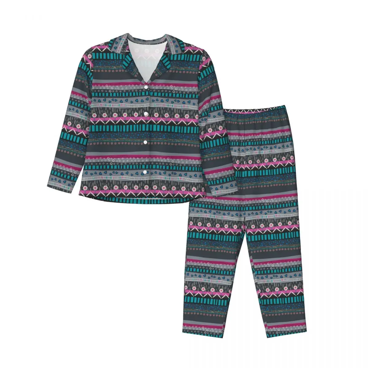 Пижамные комплекты с цветочным племенным принтом Серый Синий Теплая пижама Женская с длинным рукавом Винтажная одежда для отдыха из 2 предметов Пижамы большого размера XL 2XL