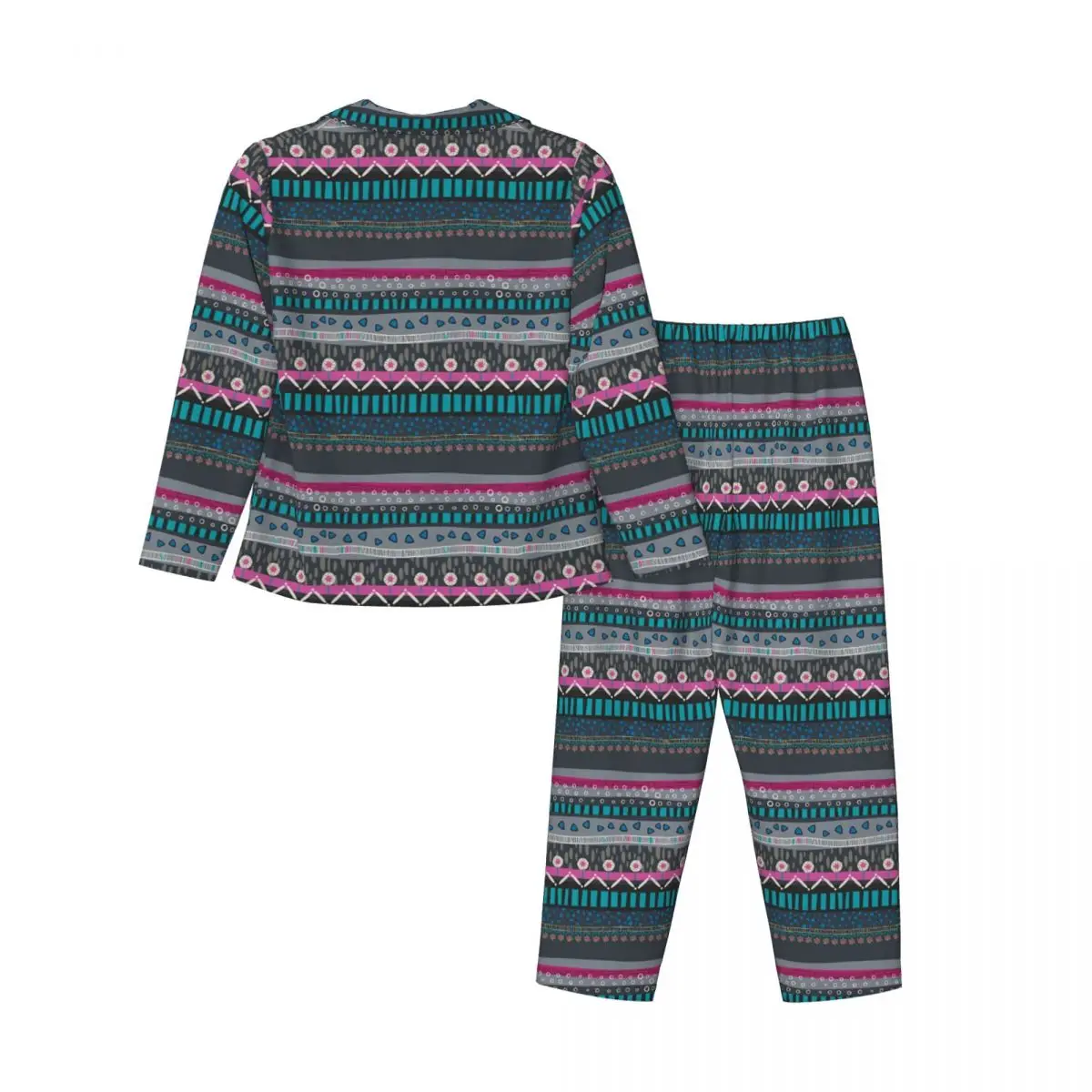 Пижамные комплекты с цветочным племенным принтом Серый Синий Теплая пижама Женская с длинным рукавом Винтажная одежда для отдыха из 2 предметов Пижамы большого размера XL 2XL