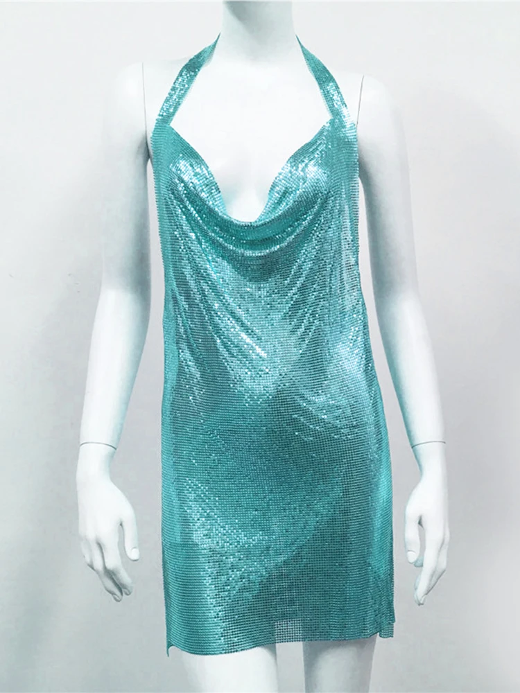 Сексуальные платья с открытой спиной для женщин 2023, модное летнее женское мини-платье без рукавов, прозрачное, с разрезом, с блестящими металлическими пайетками