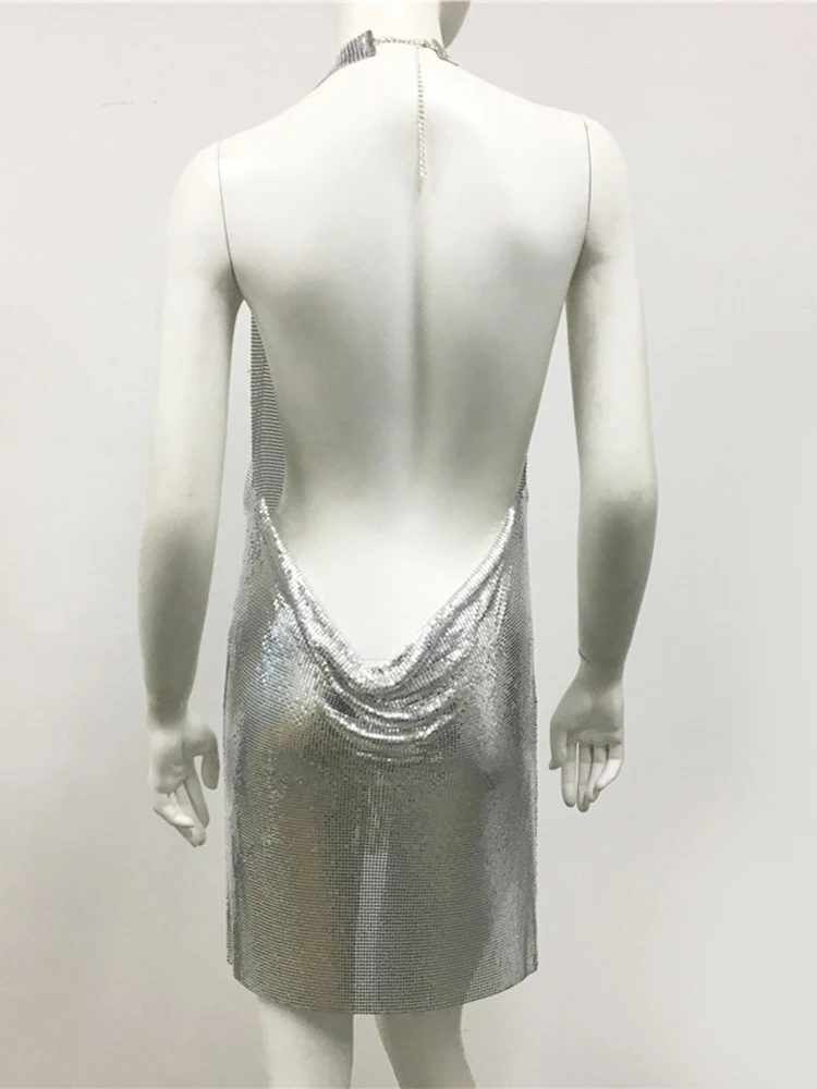 Сексуальные платья с открытой спиной для женщин 2023, модное летнее женское мини-платье без рукавов, прозрачное, с разрезом, с блестящими металлическими пайетками