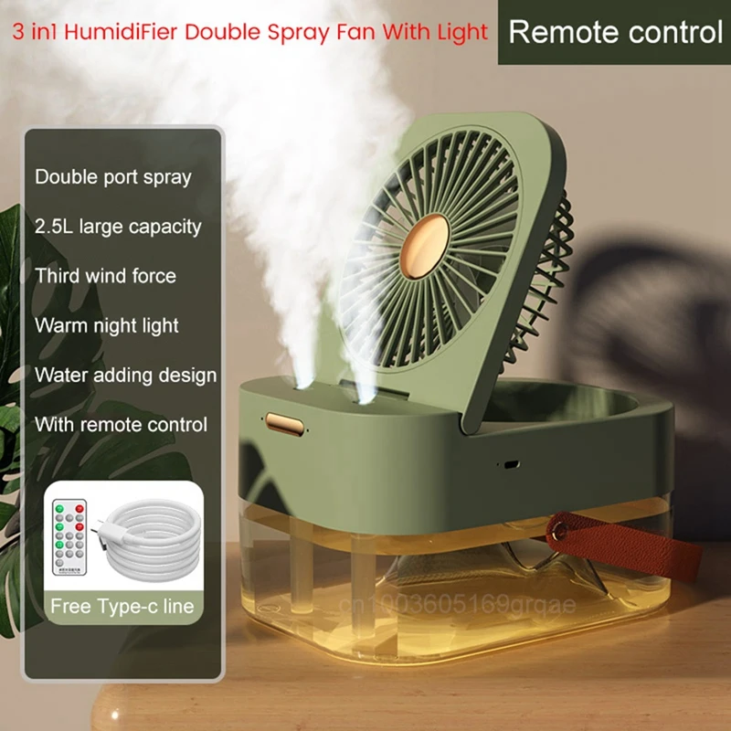 Увлажнитель воздуха 3 В1 Двойной Распылительный вентилятор Портативный вентилятор Охладитель воздуха Увлажнитель USB Вентилятор Настольная лампа Вентилятор для летнего увлажнения Вентилятор
